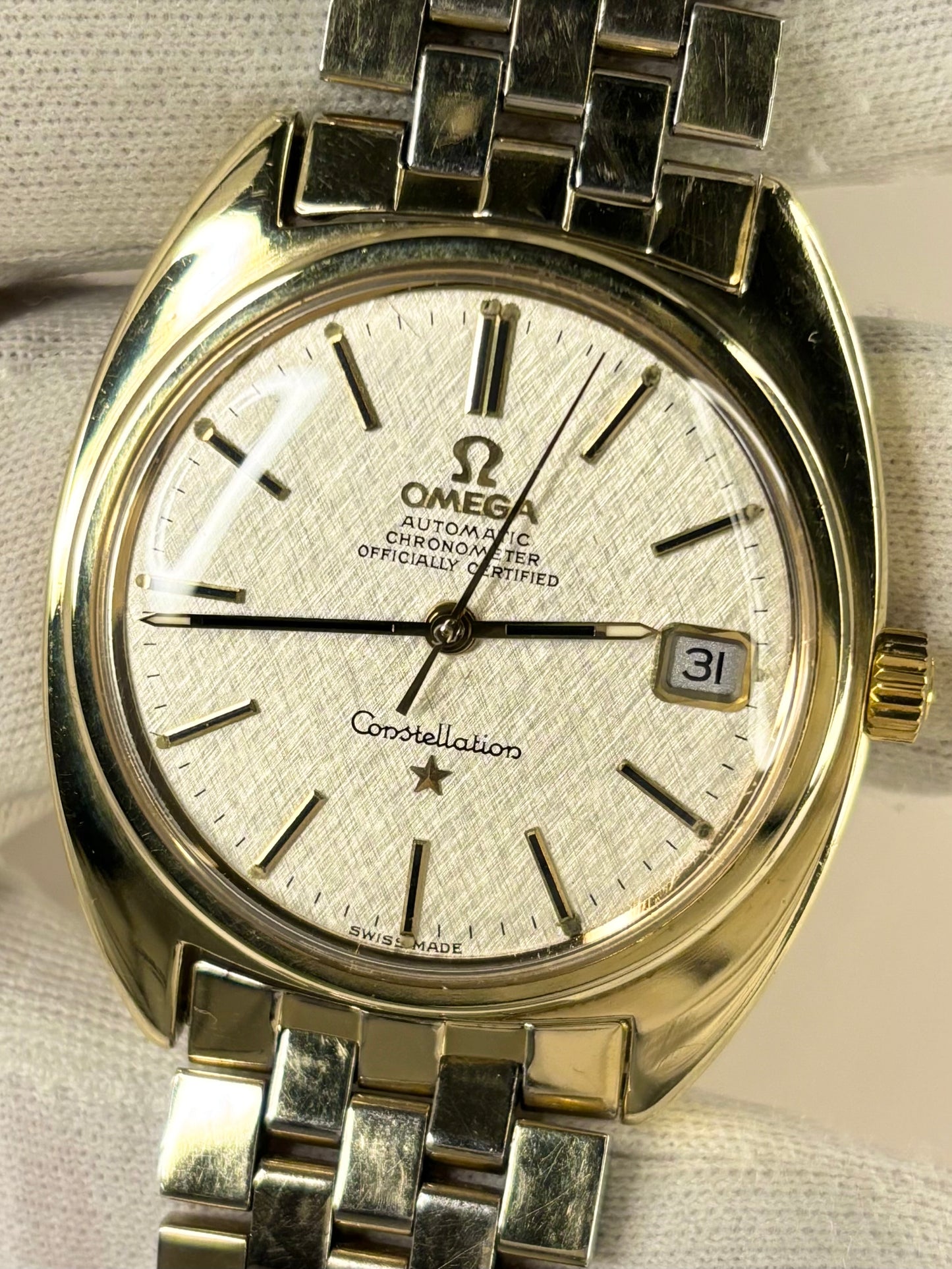 OMEGA Constellation *+BOX* Linen Dial Vintage 1970’s Men’s Automatic Gold Dress Watch  - 168.017