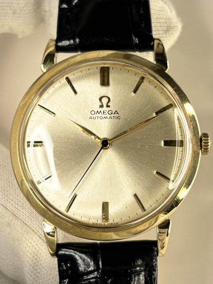 1963 Omega automatic men’s watch, 14ct gold case, white dial, ref. 2446, with original box