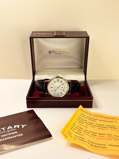 Collectible Rotary Ref. 1967 men’s vintage timekeeper featuring white dial, gold plated case and original box
