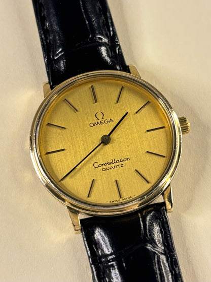 Close up of Omega Constellation 1970s quartz watch gold dial ref. 191.032