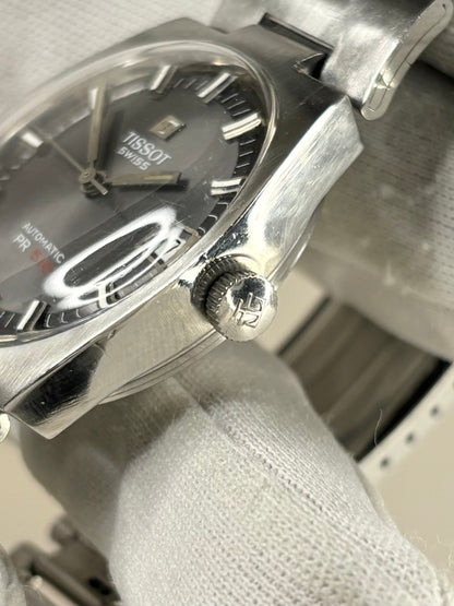 Side profile of Tissot PR516 Ref. 44630-2X 1973 men’s vintage timekeeper with slim stainless steel case styling