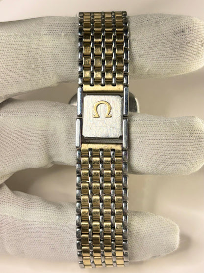 1982 Omega De Ville quartz watch with gold dial and bimetal bracelet, vintage men’s, buckle view 