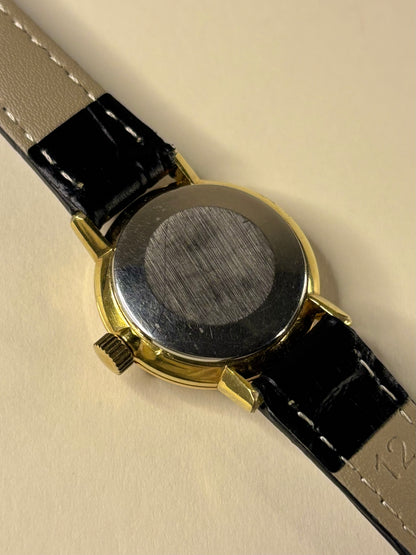 Omega ladies Ref. 531.005 vintage 1973 gold plated timekeeper caseback view with hallmark details