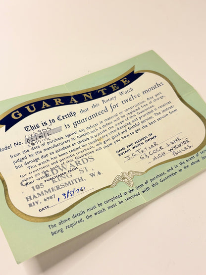 Rotary Ref. 1967 gold plated 1967 men’s vintage dress timekeeper guarantee papers