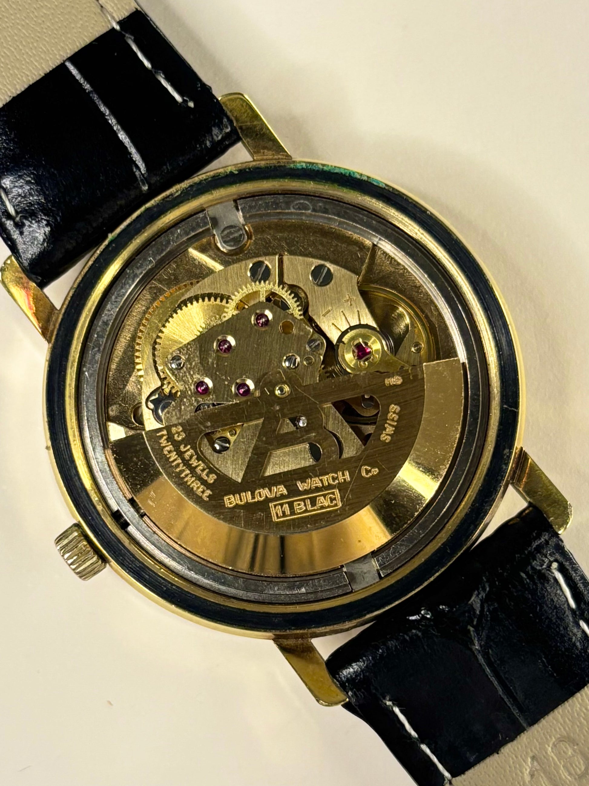 Bulova men’s dress watch timepiece from c.1968, captured with its movement 11 BLAC