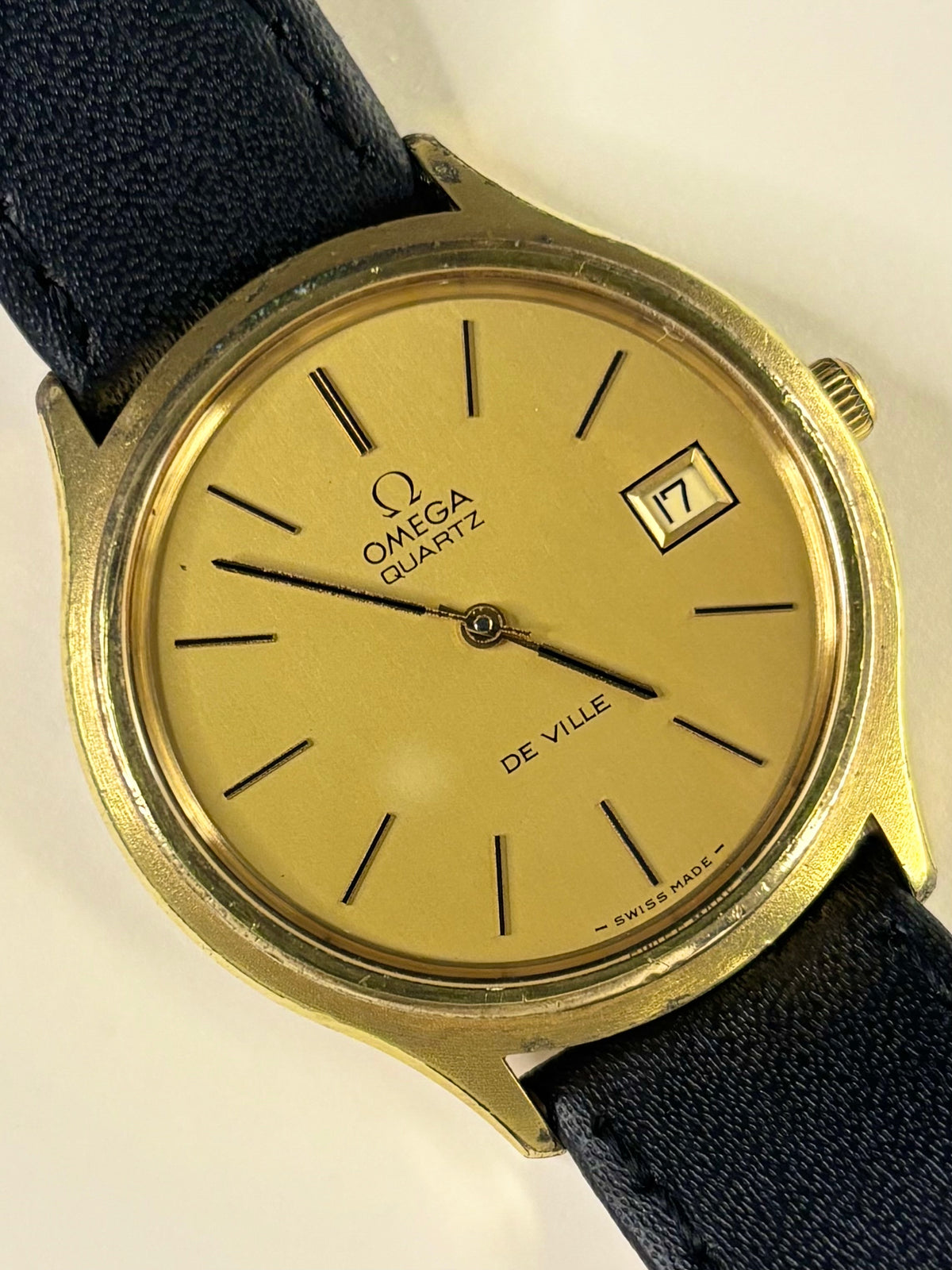 Vintage Omega De Ville watch – c.1979 men's gold-plated quartz dress watch with gold-toned dial, in good condition with age-appropriate marks