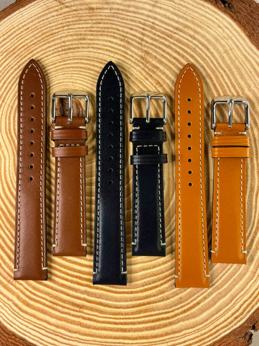 selection of premium contrast stitched handmade leather watch straps brown and black. 18mm 20mm 22mm