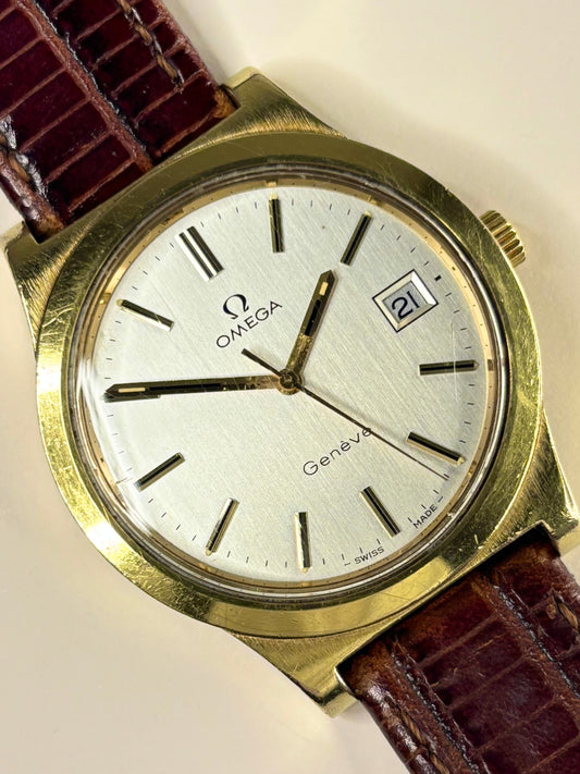 Premium luxury vintage Omega Genève men’s timepiece featuring a gold-plated case and classic dial, a refined handmade Swiss timekeeper