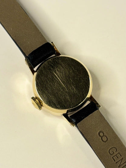 Caseback of Omega vintage 1960s ladies’ 9ct gold manual wind watch
