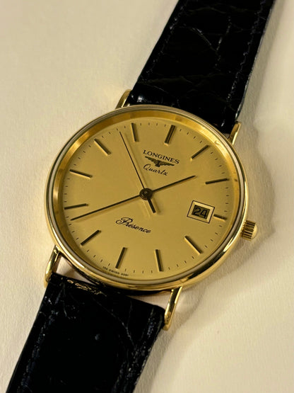 Vintage 1993 Longines Presence men’s dress watch 9ct solid gold case gold dial