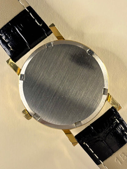 Tissot Seastar 1986 gold plated men’s vintage dress timekeeper caseback view with hallmark details