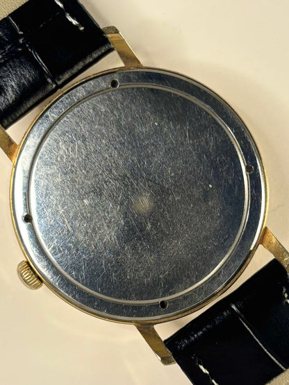 Rotary Ref. 1967 gold plated men’s vintage 1967 dress timekeeper caseback view with hallmark details