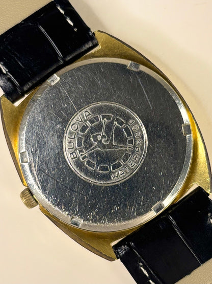 Caseback of Bulova vintage 1960s men’s watch gold plated manual wind