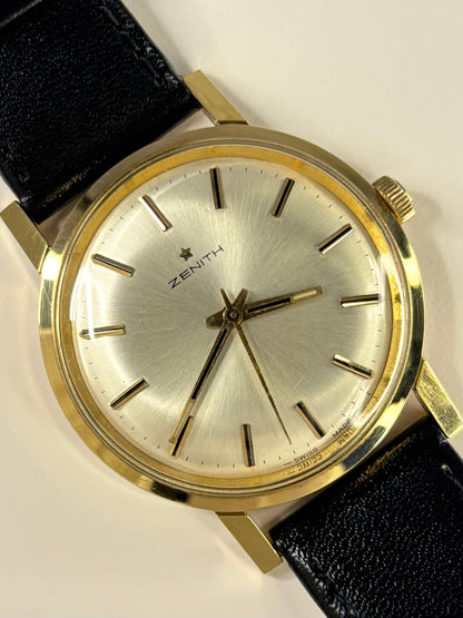 Zenith 1969 men’s dress timekeeper with gold plated case, white sunburst dial and manual movement