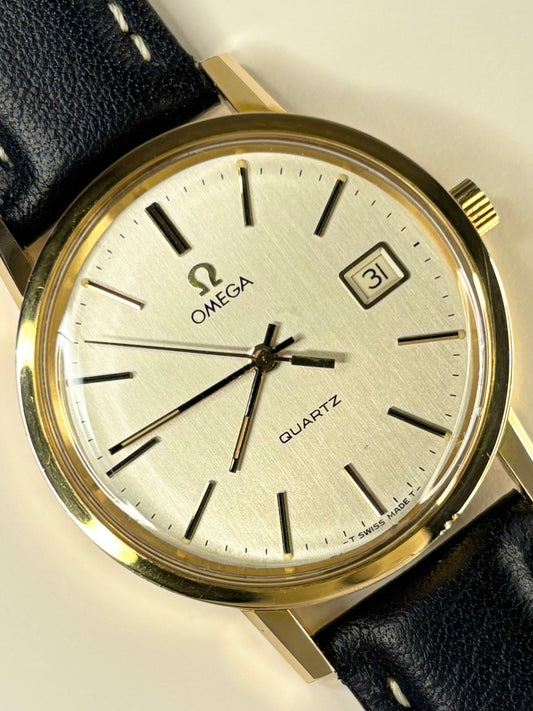 Omega men’s dress timepiece model 196.0160 with gold-plated case and classic dial, powered by calibre 1342 quartz timekeeper