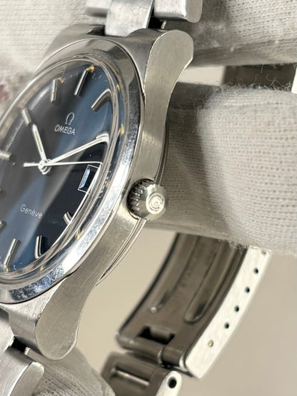 OMEGA Geneve Vintage 1970’s *+BOX* Men’s Manual Blue Dial Date Silver Watch - 136.0103