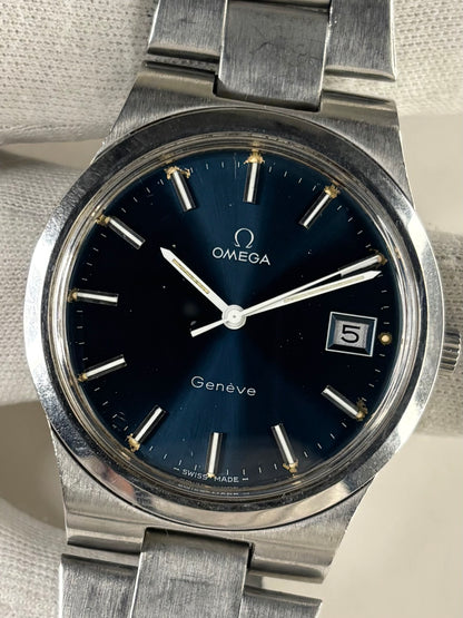 OMEGA Geneve Vintage 1970’s *+BOX* Men’s Manual Blue Dial Date Silver Watch - 136.0103