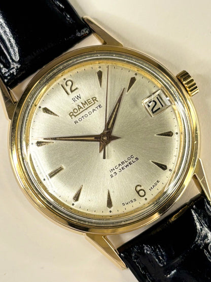 1974 Roamer dress timepiece — 35mm gold-plated case, automatic movement timekeeper with sunburst dial in excellent condition