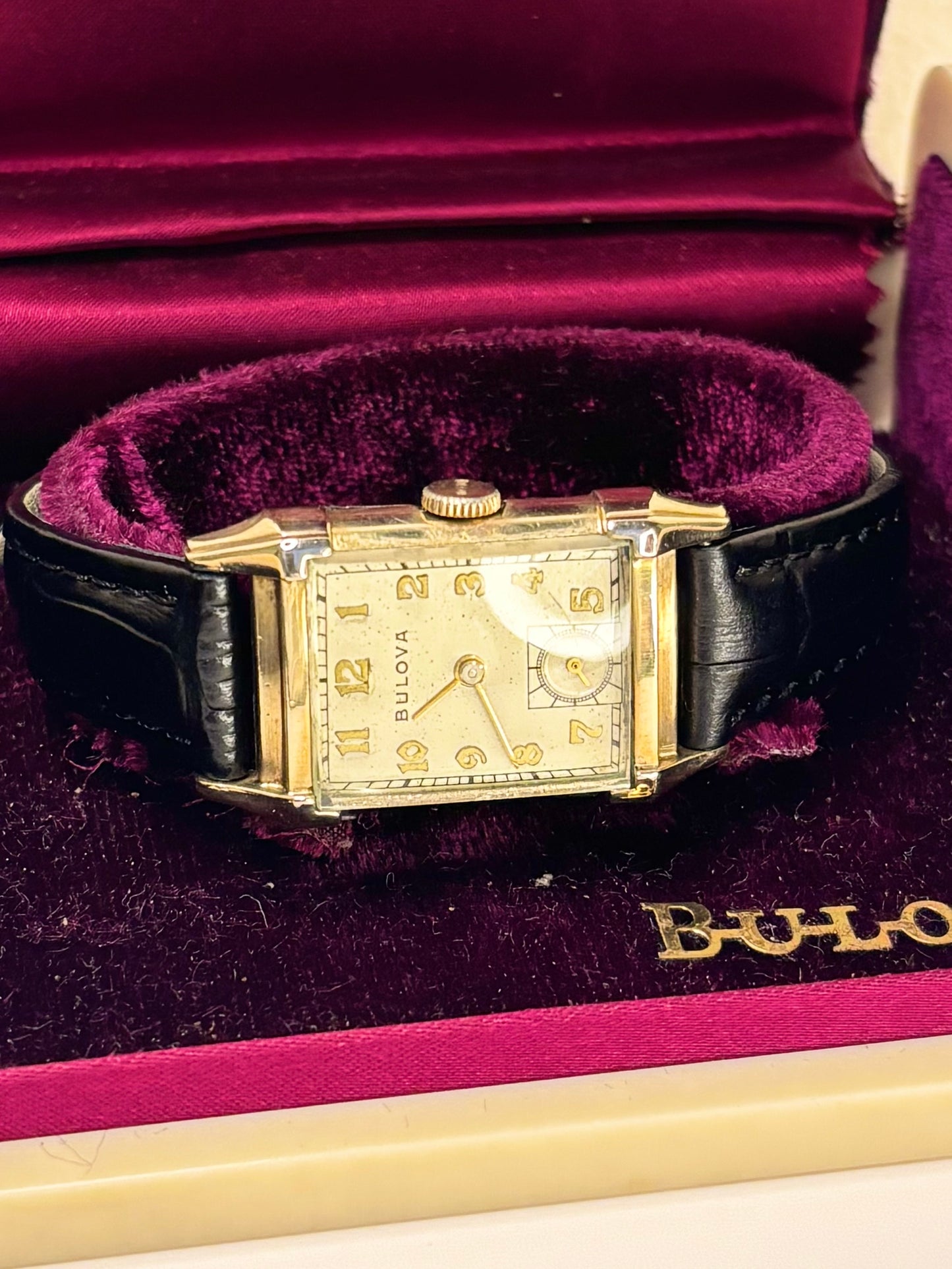 BULOVA 10K Gold Filled Vintage 1950’s *+BOX&PAPERS* Men’s Manual Tank Dress Watch