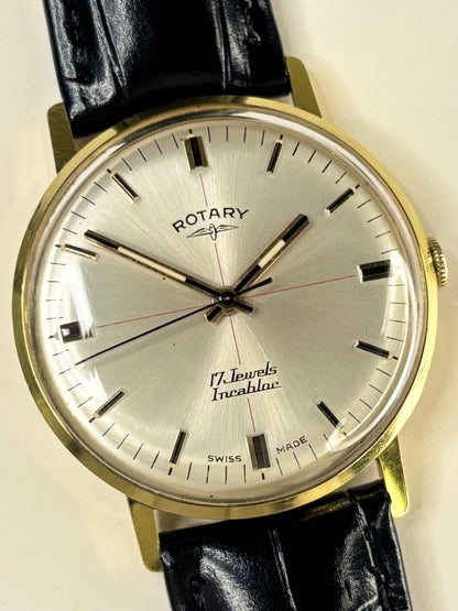 Collectible Rotary Ref. 1969 men’s vintage timekeeper featuring classic dial, gold plated case and original box