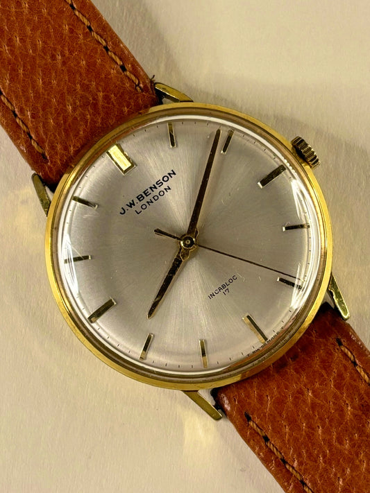 J W Benson Vintage 1950’s Men’s Manual Sunburst Dial Gold Dress Watch