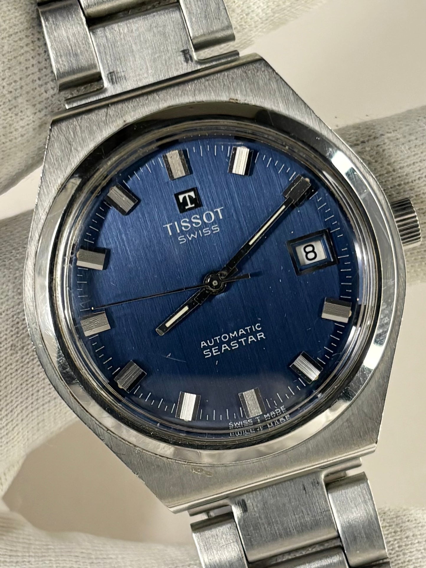 TISSOT Seastar Vintage 1970’s *+BOX* Men’s Automatic Blue Dial Date Silver Watch