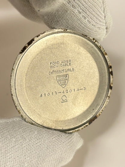 Tissot Ref. 41014 gold plated 1963 men’s vintage dress timekeeper caseback view with hallmark details