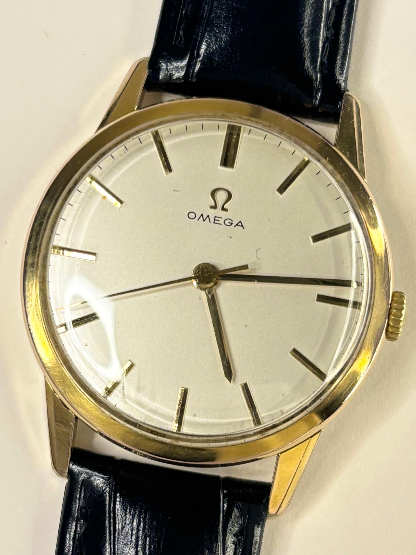 1958 Omega vintage men’s watch with gold-plated case, 18mm lug width, manual wind movement
