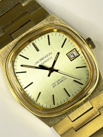 Vintage 1972 J.W. Benson men’s watch gold plated case crisp dial automatic