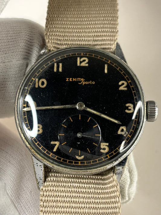 ZENITH Sporto WW2 Doctors Vintage 1940’s  Men’s Manual Black Steel Watch 12-4-P