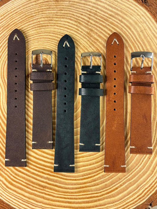selection of premium v-stitched leather watch straps brown, dark brown and black. 18mm 20mm 22mm