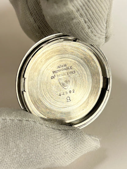 Tissot Ref. 44592 stainless steel 1973 men’s vintage UFO timekeeper caseback view with hallmark details