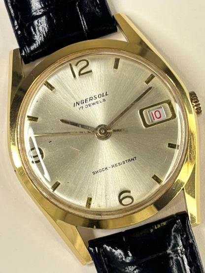 Collectible Ingersoll 1966 men’s vintage timekeeper featuring white sunburst dial and classic styling