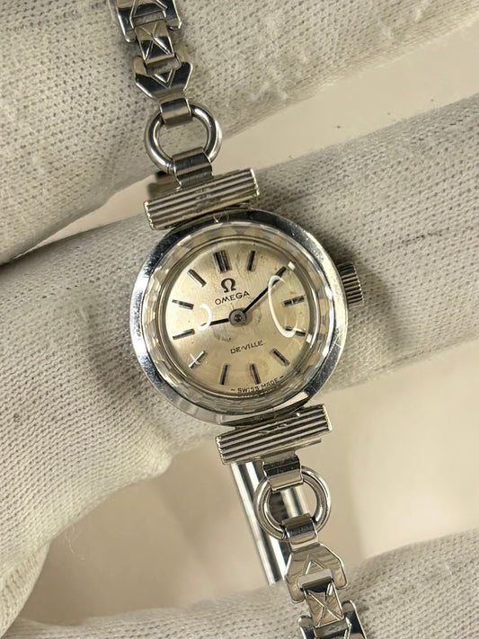 OMEGA De Ville Ladies Vintage 1960’s Manual Diamond Bezel Silver Cocktail Watch