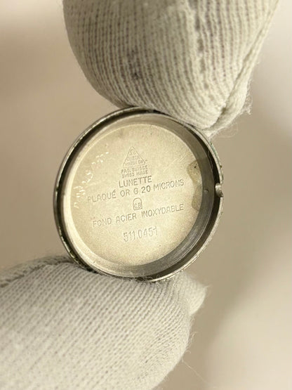 Omega Genève ladies Ref. 511.0451 gold plated vintage timekeeper caseback view with hallmark details