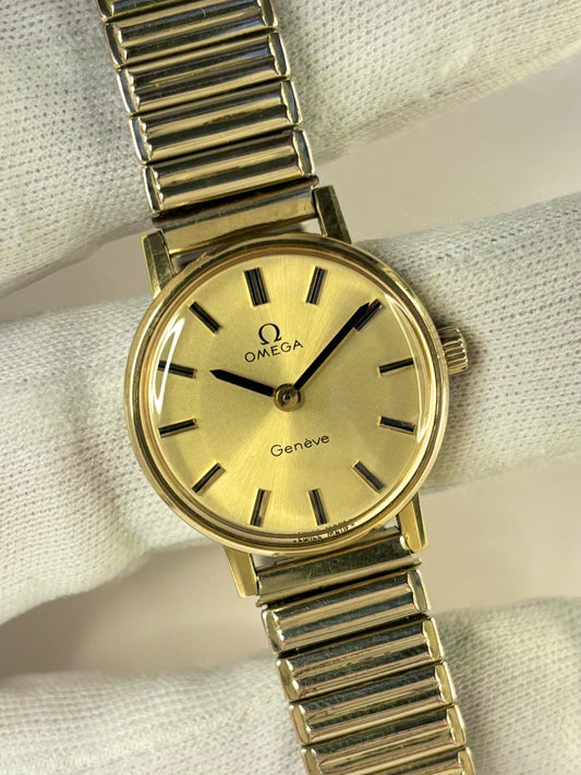 Vintage c.1973 Omega Geneve manual timepiece – ladies' gold-plated dress watch with gold-toned dial, in great condition with only minor age-appropriate marks