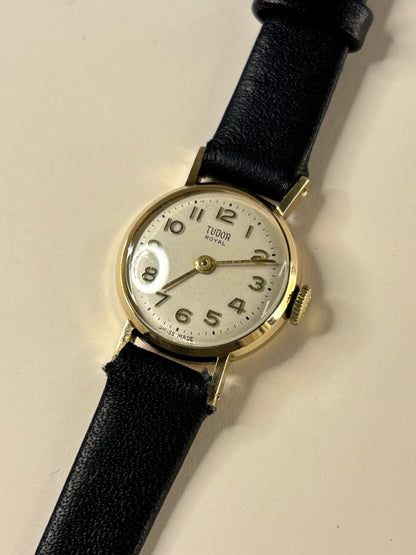 Vintage Tudor Royal 1958 ladies 9ct gold timekeeper showcasing elegant mid-century Swiss design
