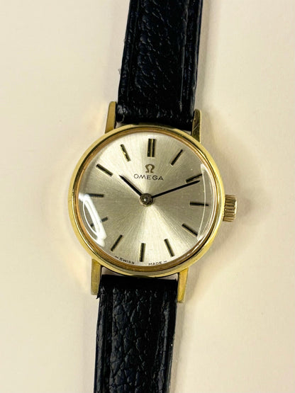 1968 Omega ladies vintage watch with sunburst dial, gold-plated case, 10mm lug width, manual wind