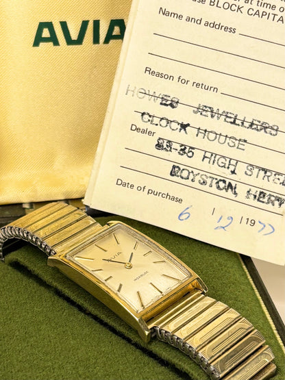 Vintage Avia tank watch – c.1977 men's gold-plated manual dress watch with white dial, in good condition with minor age-appropriate marks, complete with original Avia box and sales papers