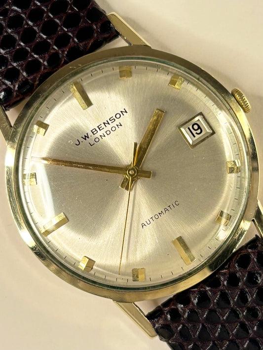 J W BENSON 9ct Gold *WITH PAPERS* Vintage 1960’s Men’s Automatic Date Gold Dress Watch