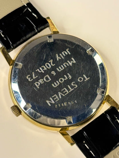 Zenith 1973 gold plated men’s vintage dress timekeeper caseback view with hallmark details
