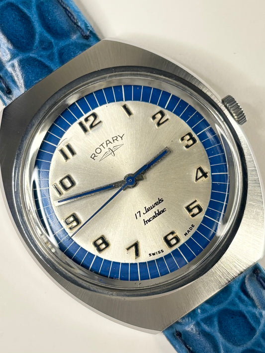 Rotary vintage men’s dress watch 1973 with white sunburst dial and stainless steel case
