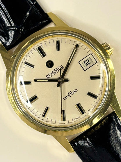 Roamer Ref. 1972 men’s 1972 dress timekeeper with gold plated case, white dial and manual movement