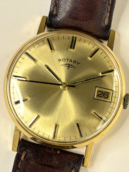 Vintage Rotary Ref. 1966 men’s gold plated dress timekeeper showcasing elegant 1960s Swiss design with sunburst dial
