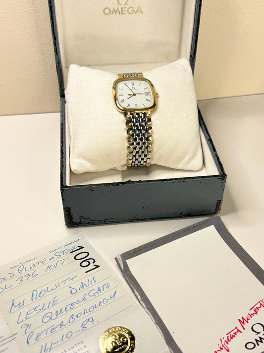 Vintage Omega De Ville ref. 396.1017 watch – c.1989 men's bimetal quartz dress watch with white dial, in great condition with age-appropriate marks, complete with original box and sales papers.