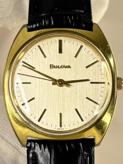 Close up of Bulova 1960s white textured dial vintage men’s watch