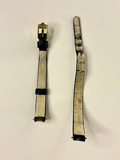 Omega 1967 vintage ladies’ timepiece 18ct solid gold leather watch strap black and gold underside 