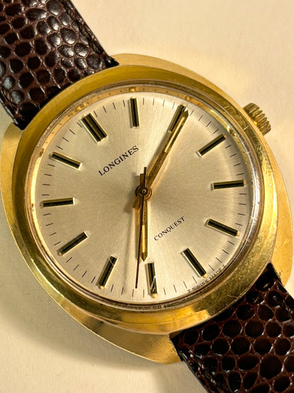 Vintage 1960s Longines men’s wristwatch 20 micron gold plated case white dial