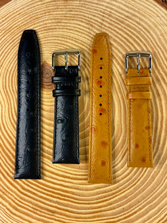 selection of premium ostrich leather watch straps brown and black. 12mm 14mm 16mm 18mm 20mm 22mm