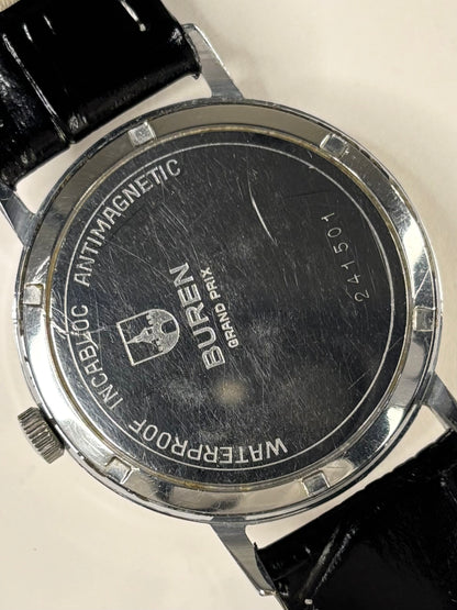 Caseback of Buren Grand Prix 1959 vintage stainless steel manual watch